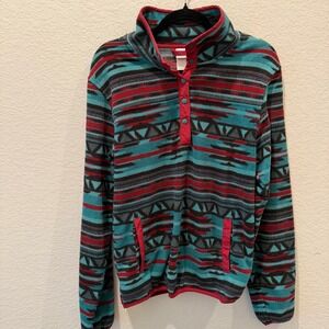 Cinch Mens Aztec Fleece Pullover Mock Neck Snap Turquoise Red Southwest Medium